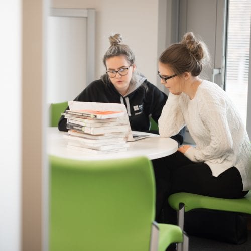 2 students working in library