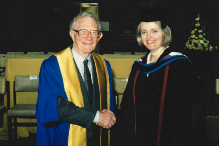 Dr Joe Blackledge with the then Principal Pamela Taylor receiving his Honorary Fellowship in 2000