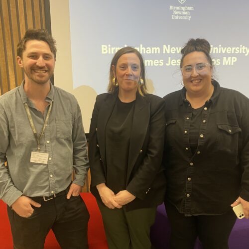 Dr. Duncan Frankis, MP Jess Phillips, and second year applied humanities student Chloe Figgett