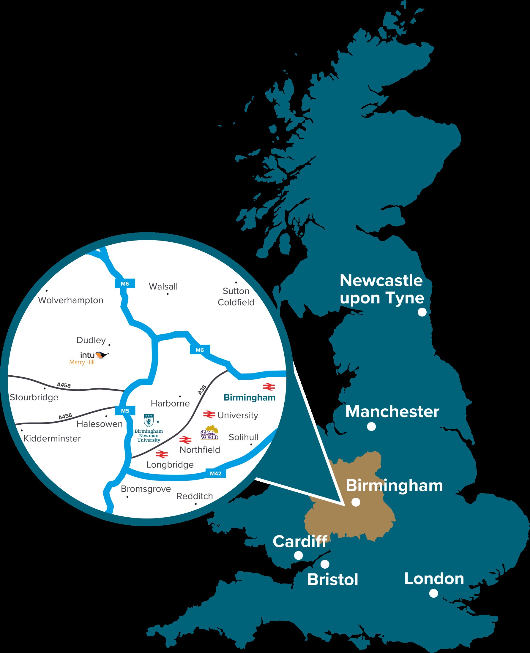 Image highlighting where Birmingham is and Newman's location. Local train stations are listed including Northfield and University station