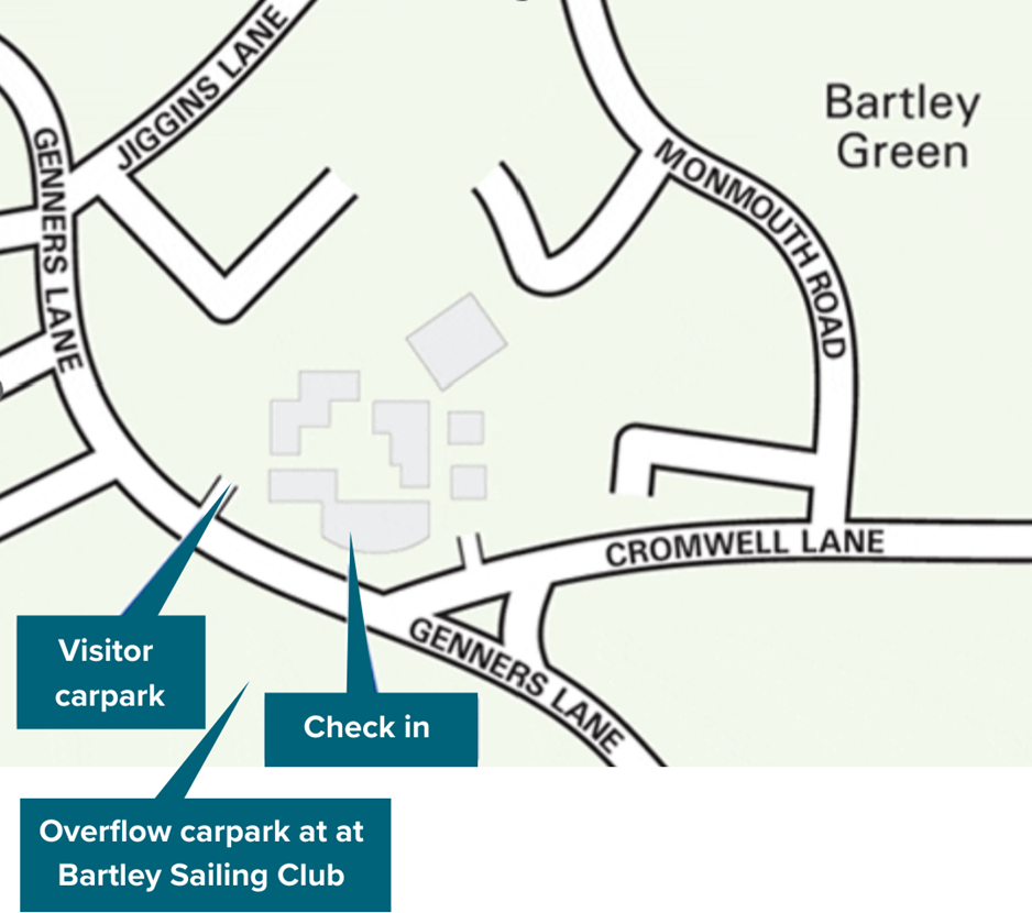 Road map of Birmingham Newman University, showing where visitors can park on campus and at Bartley Sailing Club.