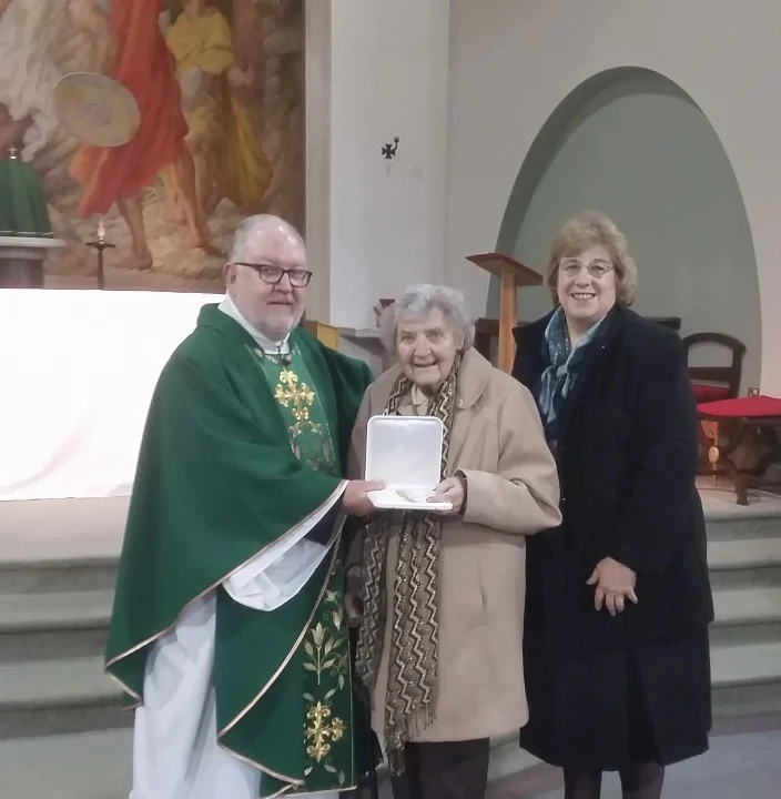 Dr Marie Rowlands, Professor Judith Champ, alongside Fr. Cecil Rogerson, presented Dr Rowlands with the Bene Merenti Medal on 22 February 2020 in recognition of her contribution to Catholic Life and Witness in the Midlands